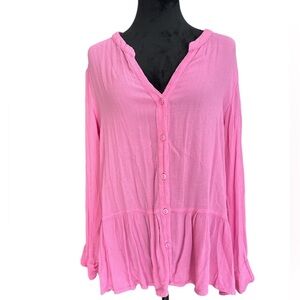 Life Style Pink Button-Down Peplum Blouse - Flowy Viscose Top, Size M